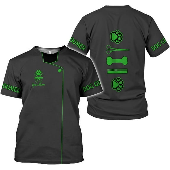 Personalized Dog Grooming 3D T-Shirt Custom Spa, Cute Pet Grooming Summer Uniform Tee Shirt for Women (Green, L)