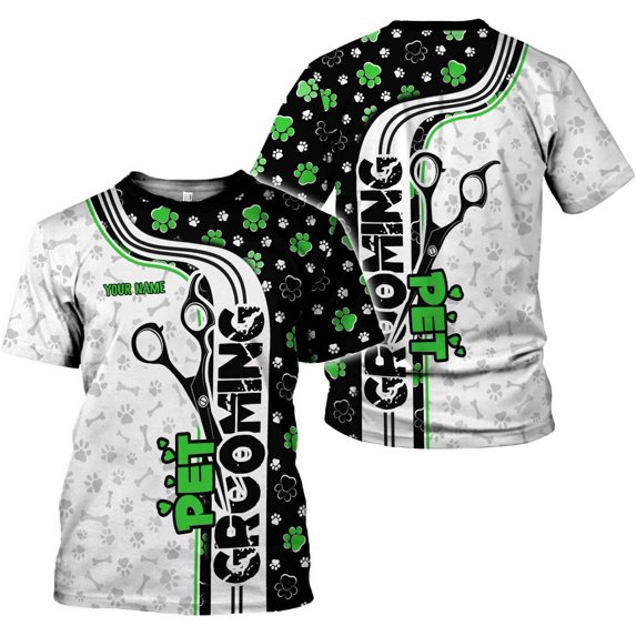 Personalized Dog Grooming 3D T-Shirt Custom Spa, Cute Pet Grooming Summer Uniform Tee Shirt for Women (Green, M)