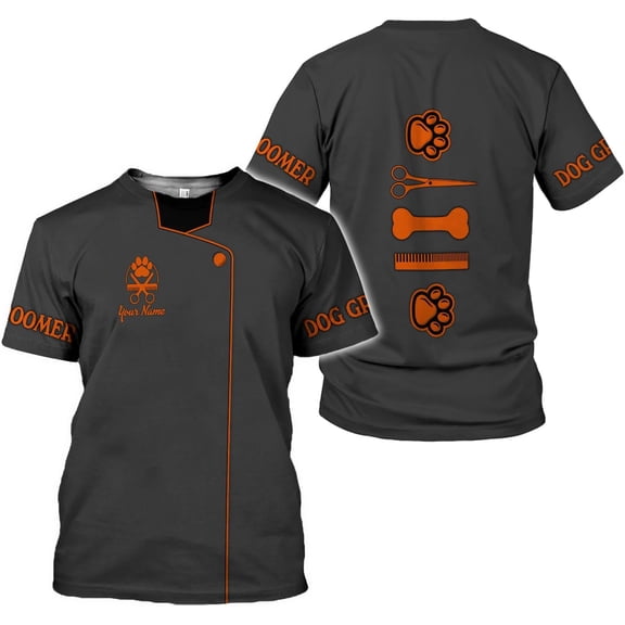 Personalized Dog Grooming 3D T-Shirt Custom Spa, Cute Pet Grooming Summer Uniform Tee Shirt for Women (Orange, 2XL)