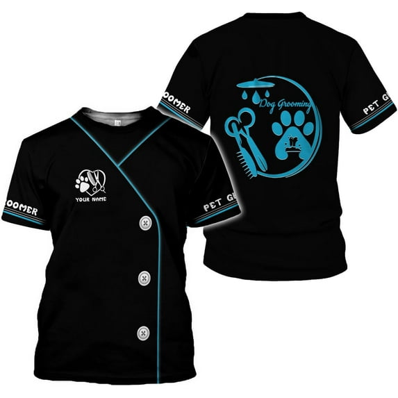 Personalized Dog Grooming 3D T-Shirt Custom Spa, Cute Pet Grooming Summer Uniform Tee Shirt for Women (Teal, 3XL)