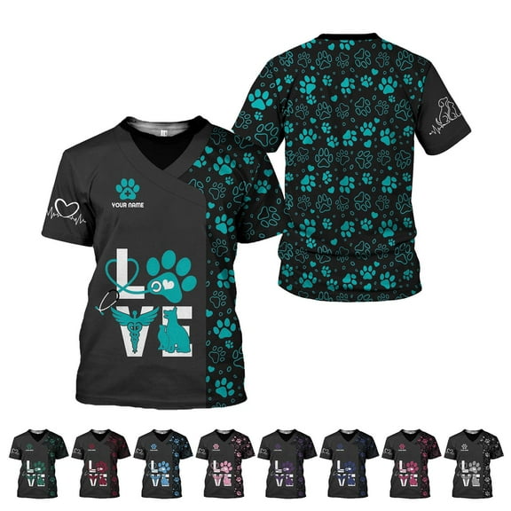 Personalized Dog Grooming 3D T-Shirt with Name, Cute Pet Grooming Summer Uniform Tee Shirt for Women (LightPink, S)