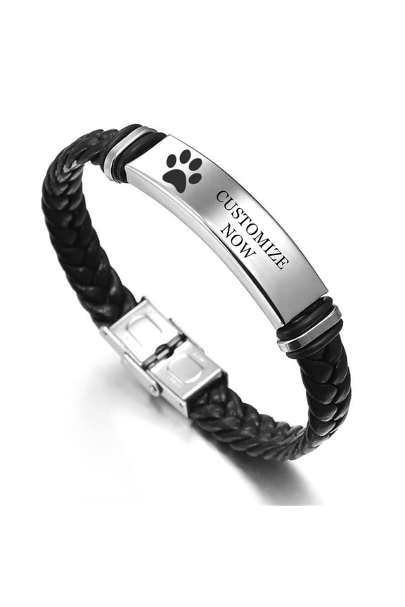 Personalized Dog Lover Valentines Dad Gift Customized Name Leather Bracelet Dog Dad Jewelry for Boyfriend Girlfriend Pet Owner Gifts Idea, 8.26 inches, Black
