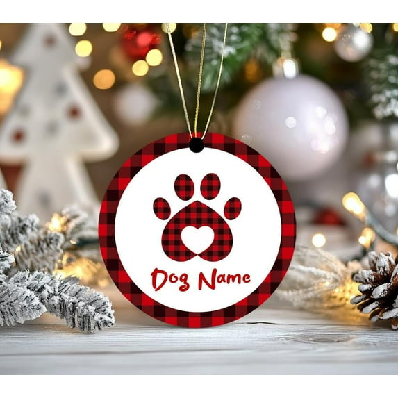 Personalized Dog Ornament: Buffalo Plaid Paw Print Christmas Decor