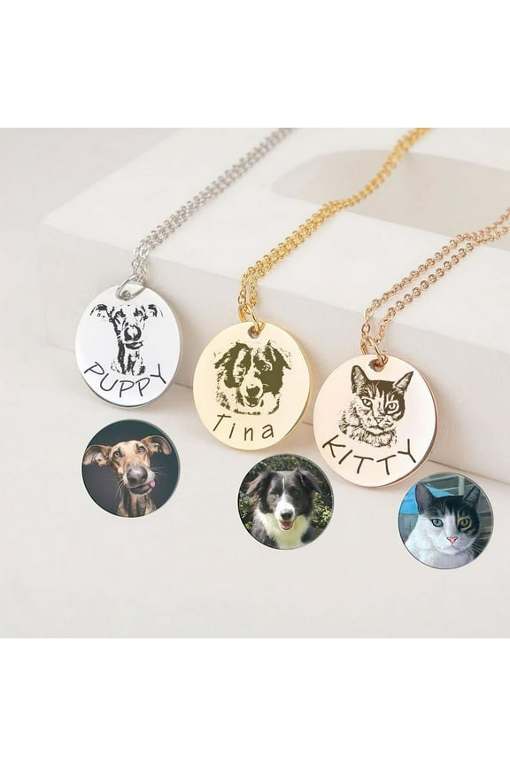 Personalized Dog Portriat Round Necklace - Gold Stainless Steel - Engravable Pet Necklace - Cat Dog Portrait - Mother's Day Gift for Mom - Jewelry Gift Box