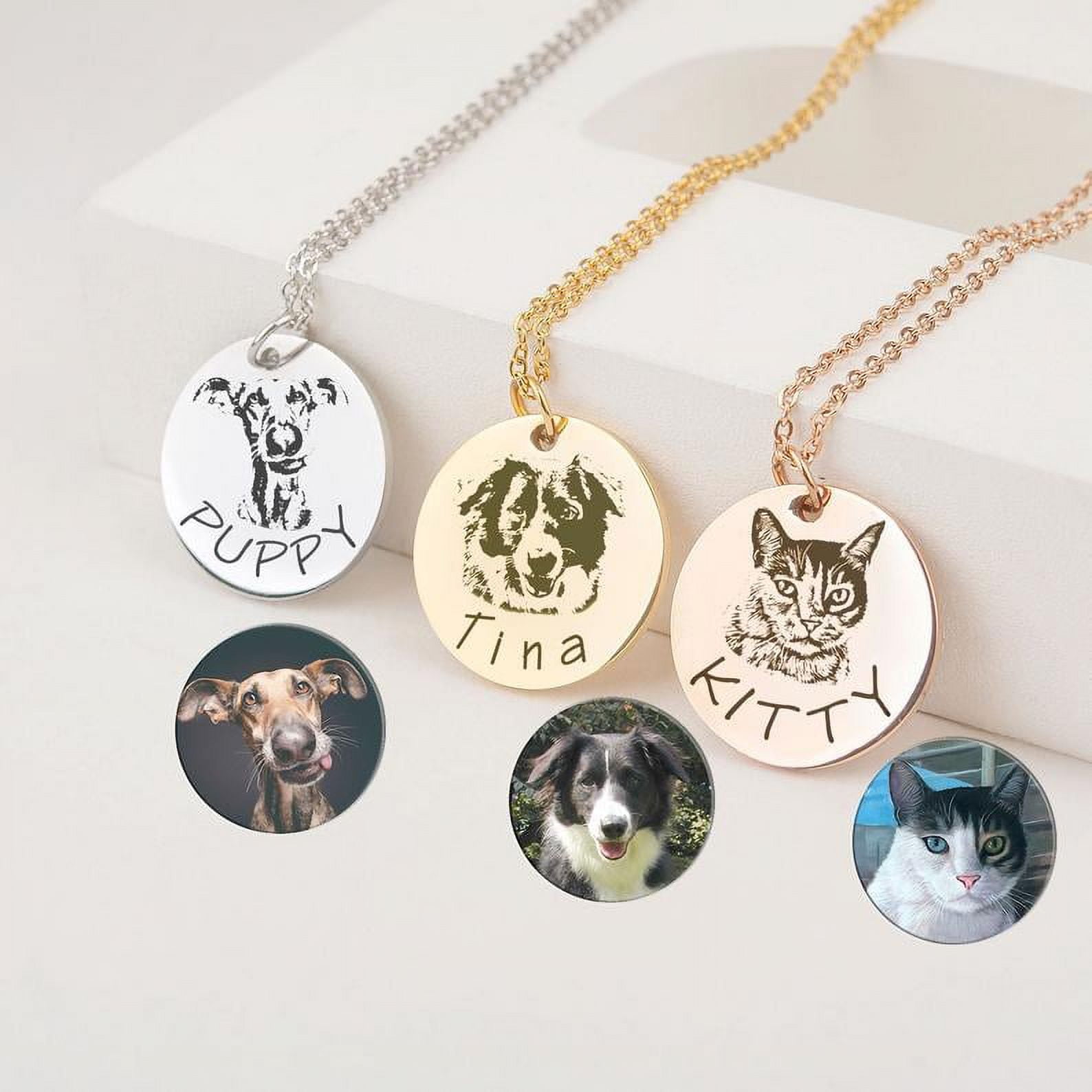 Personalized Dog Portriat Round Necklace - Rose Gold Stainless Steel - Engravable Pet Necklace - Cat Dog Portrait - Mother's Day Gift for Her - Jewelry Gift Box