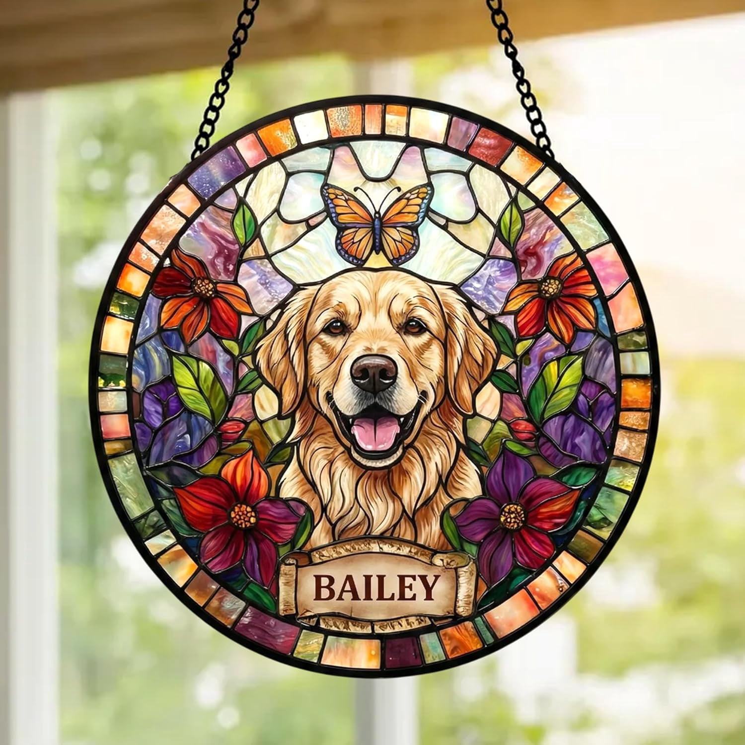 Personalized Dog Stained Glass Sun Catcher Memorial Pet Portrait Hanging Custom Picture Gift for Pet Lovers Sympathy Decor
