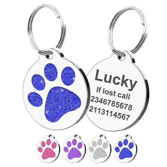 Personalized Dog Tags and Cat Tags, Glitter Paw Print Pet ID Tags, Laser Engraved with Your Text, Multiple Colors & Sizes