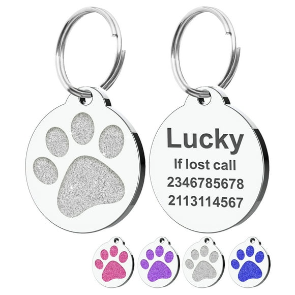 Personalized Dog Tags and Cat Tags, Glitter Paw Print Pet ID Tags, Laser Engraved with Your Text, Multiple Colors & Sizes