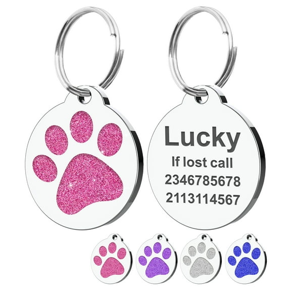 Personalized Dog Tags and Cat Tags, Glitter Paw Print Pet ID Tags, Laser Engraved with Your Text, Multiple Colors & Sizes