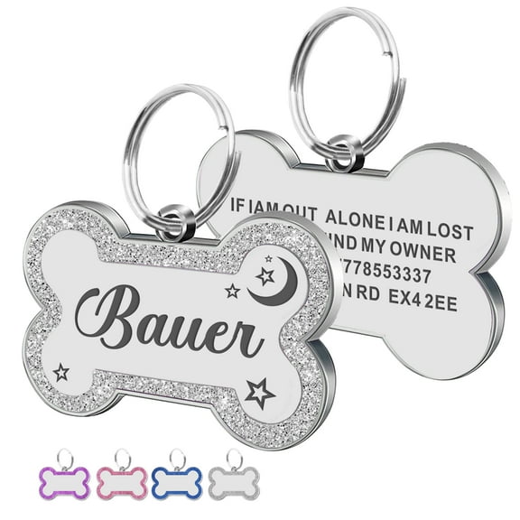 Personalized Dog Tags and Cat Tags, Glitter Pet Name Tags, Engraved Bone Shape Collar Pendant, Customizable On Both Sides, Multi-Color