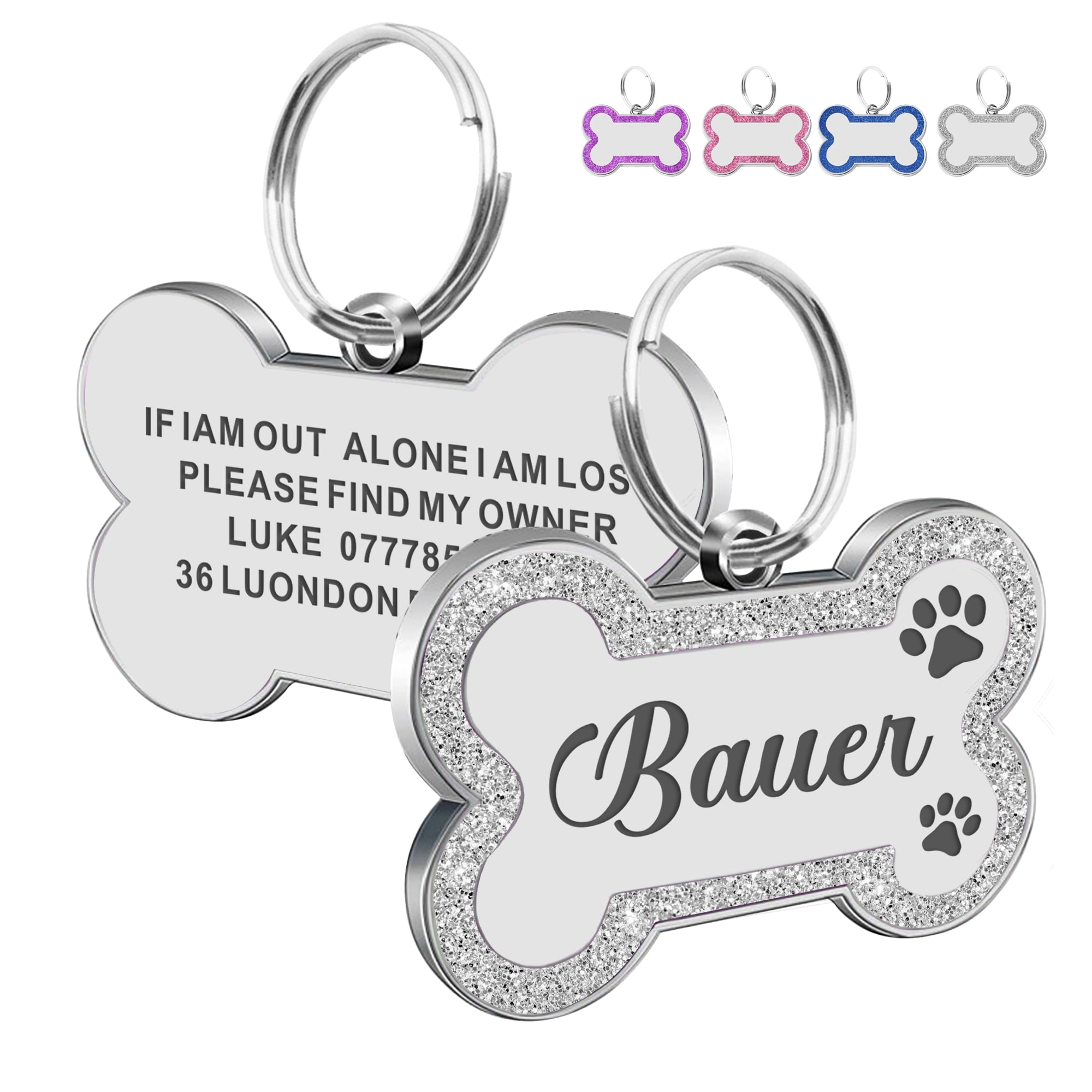 Personalized Dog Tags and Cat Tags Glitter Pet Name Tags Engraved Bone Shape Collar Pendant Customizable On Both Sides Multi Color Walmart