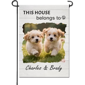 Personalized Dog Welcome Garden Flag Double Sided, Custom This House Belongs To Yard Flag for Lawn Patio Porch, Spring Outdoor Decor, 12" x 18" or 28" x 40"