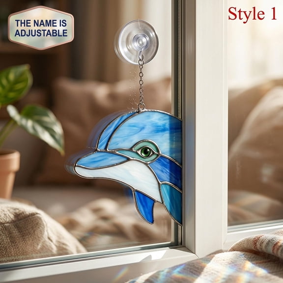 Personalized Dolphin Acrylic Suncatcher, Custom Name Faux Stained Glass Window Hanging Decor, Ocean Lover Gift