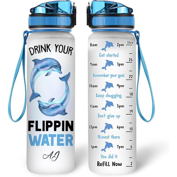 Personalized Dolphin Lovers 32Oz Liter Motivational Water Bottle, Drink Your Flippin Water Customized Name Water Bottle With Time Marker Gift For Women Girl On Birthday, Mother Day's