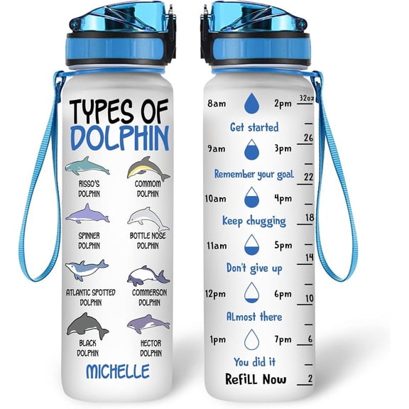 Personalized Dolphin Lovers 32Oz Liter Motivational Water Bottle, Type Of Dolphin Customized Name Water Bottle With Time Marker Gift For Women Girl On Birthday, Mother Day's