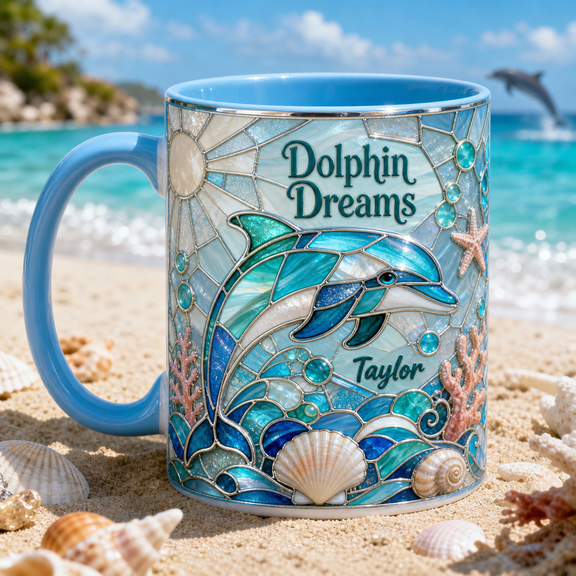 Dolphin Personalized Ceramic Mugs Coastal Animal Gift Beach Lover 11oz 15oz