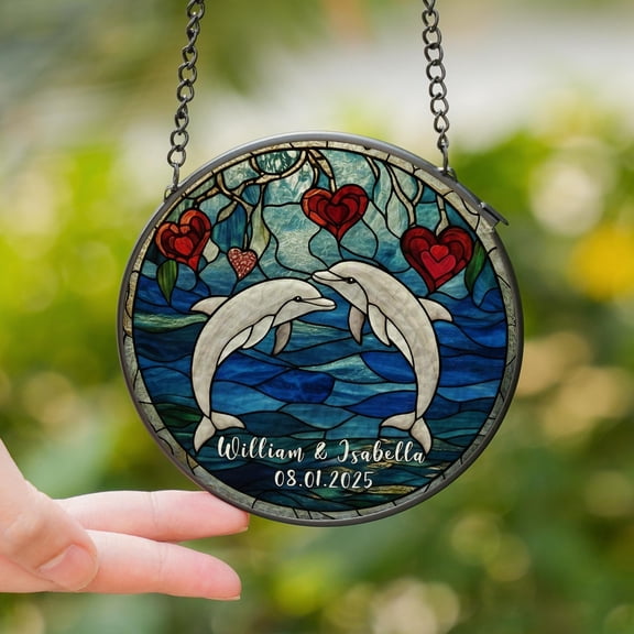 Personalized Dolphin Stained Glass Suncatcher, Custom Couple Names and Anniversary Date, Ocean Heart Window Hanging, Wedding Gift