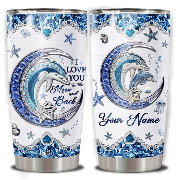 Personalized Dolphin Tumbler With Lid Customized Name Jewelry Style Blue Moon Stainless Steel 20oz 30oz Insulated Tea Cup Gift Christmas Birthday for Daughter Women Sister Best Friend