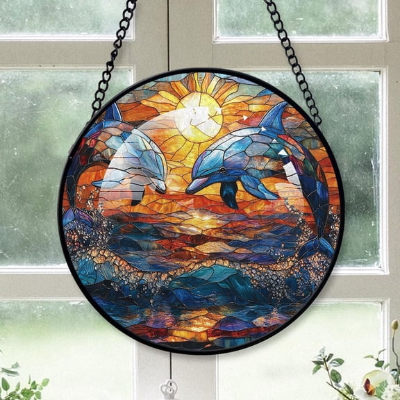 Personalized Dolphins Jumping Suncatcher Stained Glass, Dolphins Jumping Originally Designed , Dolphins Jumping Suncatchers for Indoor Window, Beautiful Gifts uko1bs