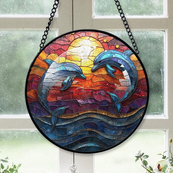 Personalized Dolphins Jumping Suncatcher Stained Glass Suncatchers, Dolphins Jumping Ornament for Sun Catcher Indoor Window, Dolphins Jumping Painted Glass Panel Décor bXiMDG