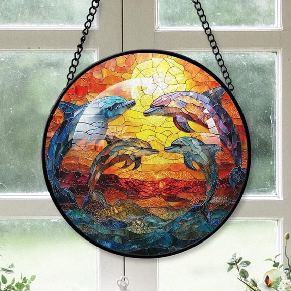 Personalized Dolphins Jumping Suncatcher Stained Glass Suncatchers, Dolphins Jumping Ornament for Sun Catcher Indoor Window, Dolphins Jumping Painted Glass Panel Décor qvIhn4