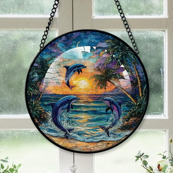 Personalized Dolphins Suncatcher Stained Glass, Dolphins Stained Glass Window Hanging Dolphins Sun Catchers Indoor Window Décor BiEC8k