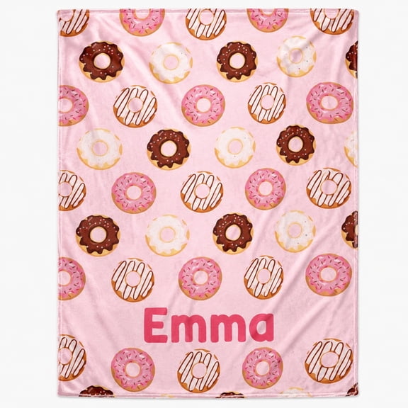 Personalized Donut Fleece Blanket, Custom Name Pink Dessert Throw Blanket, 280gsm Polyester Fleece, 30x40 to 60x80 In