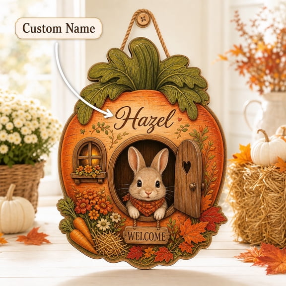 Personalized Door Sign Bunny Pumpkin Welcome