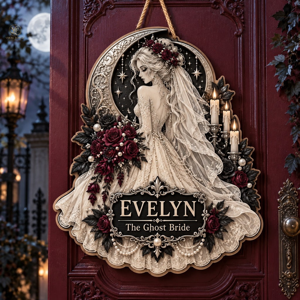 Creent Sign Personalized Door Sign Decor, Ghost Bride with Black Roses and Crescent ...