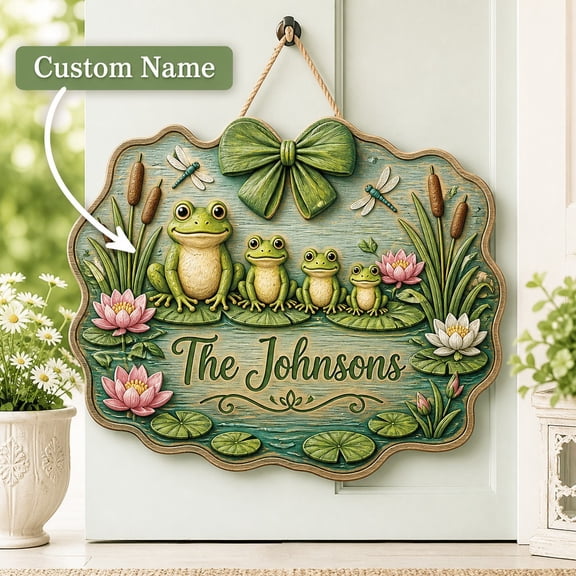 Personalized Door Sign Frog Family Welcome