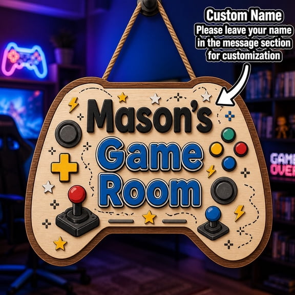 Personalized Door Sign Game Controller Wood-Look Hanging Sign for Game Room Door Gamer Gift