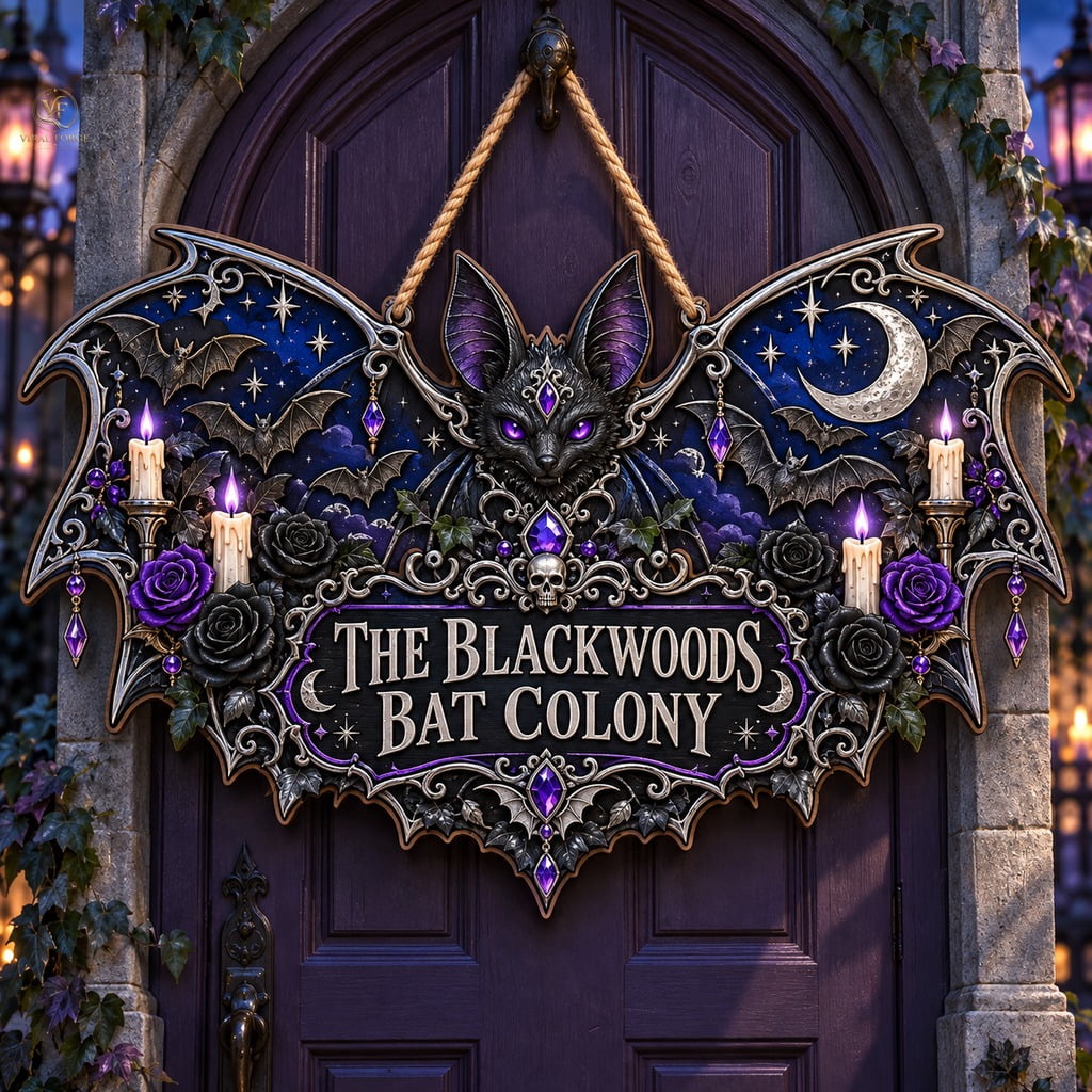 Creent Sign Personalized Door Sign, Gothic Bat Colony with Crescent Moon, Black ...