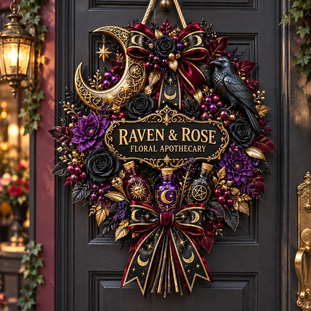 Creent Sign Personalized Door Sign, Gothic Bouquet with Raven, Crescent Moon and ...
