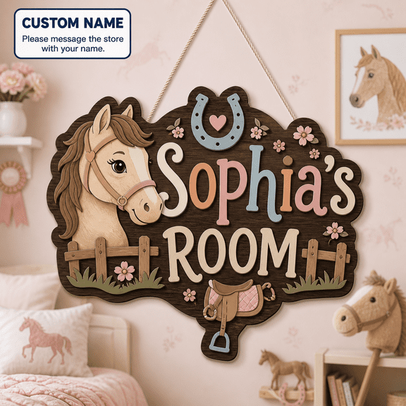 Personalized Door Sign Horse Theme Wooden Name Plaque Hanging for Horse Lovers