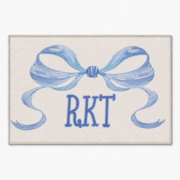 Personalized Doormat with Blue Bow Monogram, Printable Mat Fabric with Non-Slip Backing, 2 Sizes