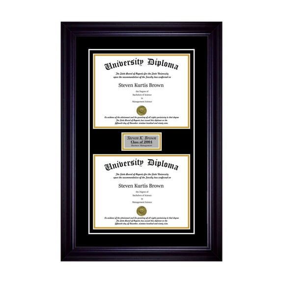 Personalized Double Diploma Frame with Double Matting for 10" x 8" Tall Diploma with Black 2" Frame