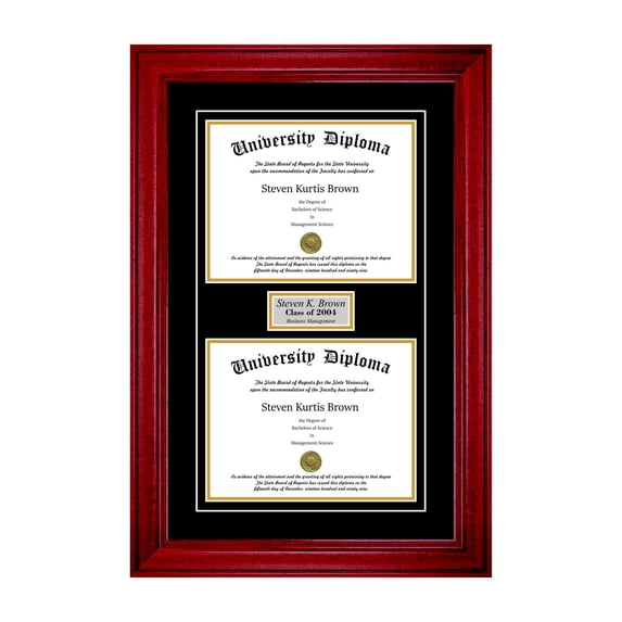 Personalized Double Diploma Frame with Double Matting for 10" x 8" Tall Diploma with Cherry 2" Frame