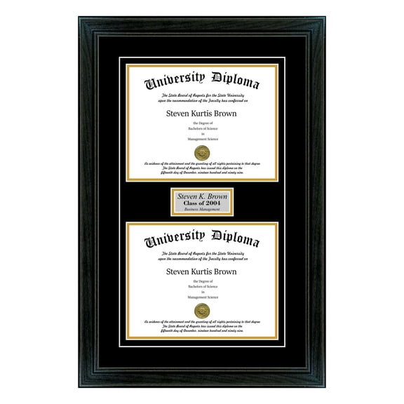 Personalized Double Diploma Frame with Double Matting for 15" x 12" Tall Diploma with Black 1.5" Frame