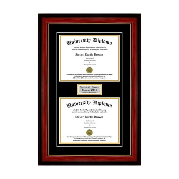 Personalized Double Diploma Frame with Double Matting for 15" x 12" Tall Diploma with Mahogany with Gold Lip 2" Frame