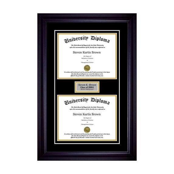 Personalized Double Diploma Frame with Double Matting for 17" x 14" Tall Diploma with Black 2" Frame