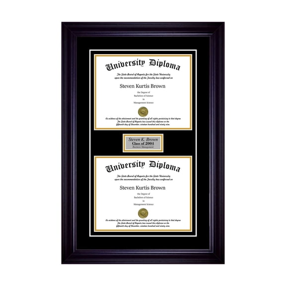 Personalized Double Diploma Frame with Double Matting for 17" x 14" Tall Diploma with Black 2" Frame