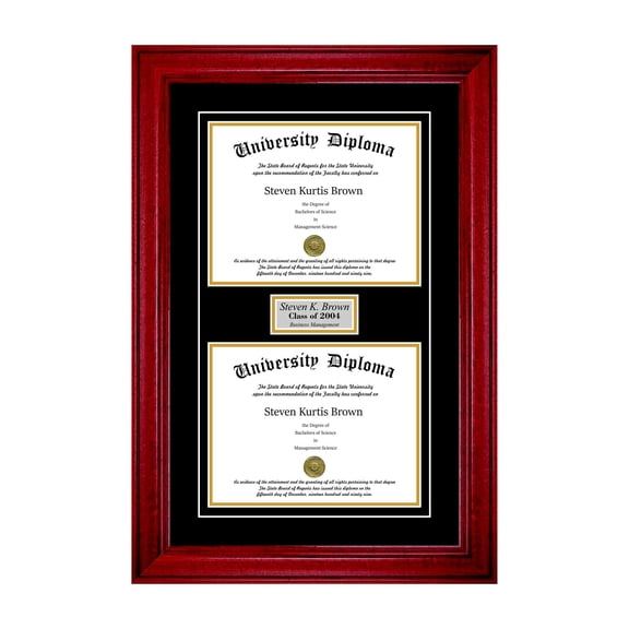 Personalized Double Diploma Frame with Double Matting for 17" x 14" Tall Diploma with Cherry 2" Frame