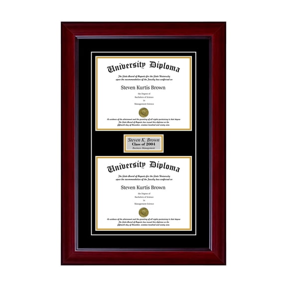 Personalized Double Diploma Frame with Double Matting for 17" x 14" Tall Diploma with Mahogany 2" Frame