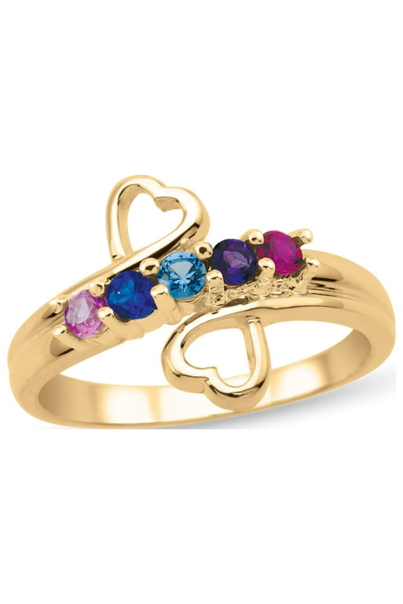 Personalized Double Hearts Bypass Design Birthstone Ring in 14K Gold by Jewlster