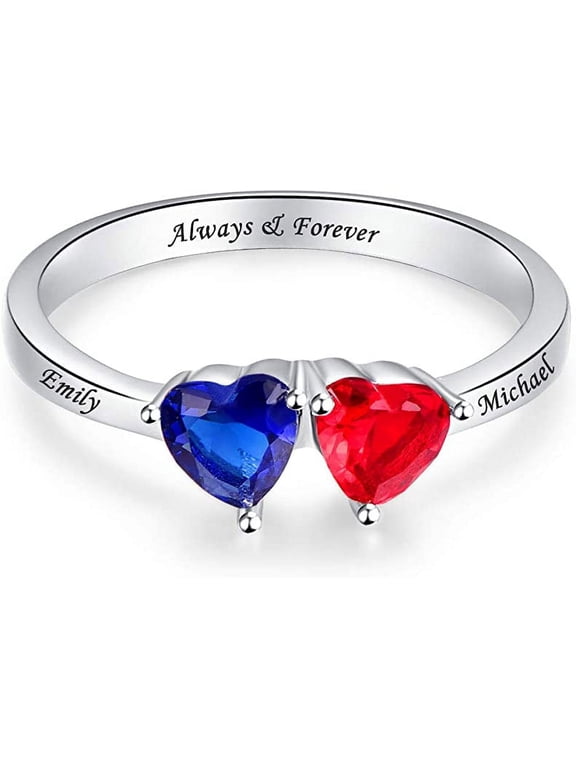 Personalized Double Love Heart Promise Ring for Women 925 Sterling Silver Custom Rings with 2 Names and 2 Simulated Birthstones