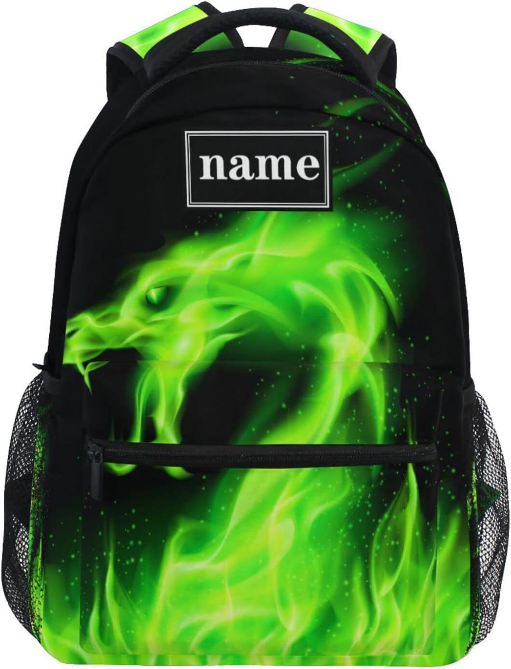 Personalized Dragon Backpack, Custom Green Fire Dragon Kids Backpacks