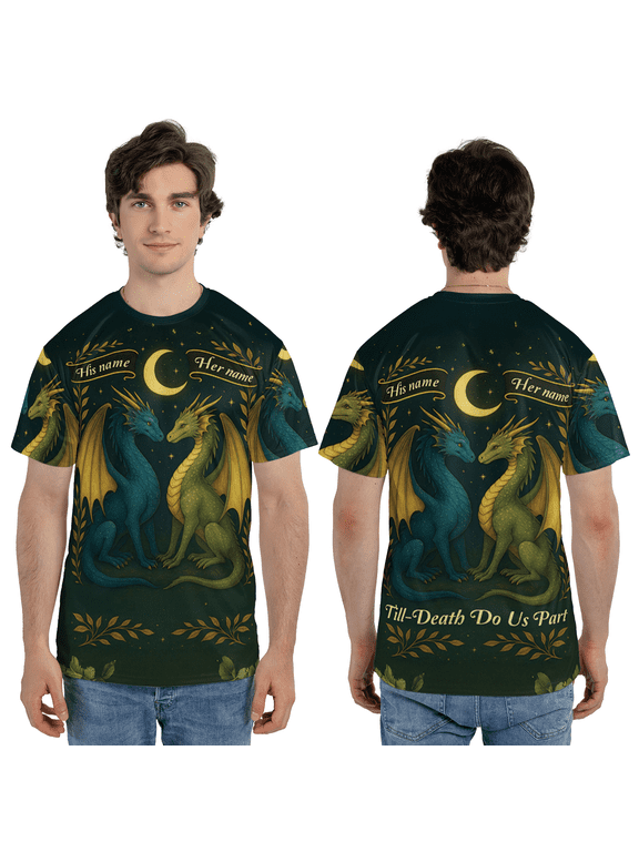 Personalized Dragon Couple 3D T-Shirt – His & Her Name Fantasy Moon All Over Print Tee, Till Death Do Us Part Shirt