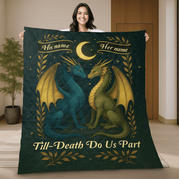 Personalized Dragon Couple Till Death Do Us Part Quilt Blanket – Custom His and Her Names Blanket, Fantasy Anniversary Gift, Wedding Keepsake Quilt