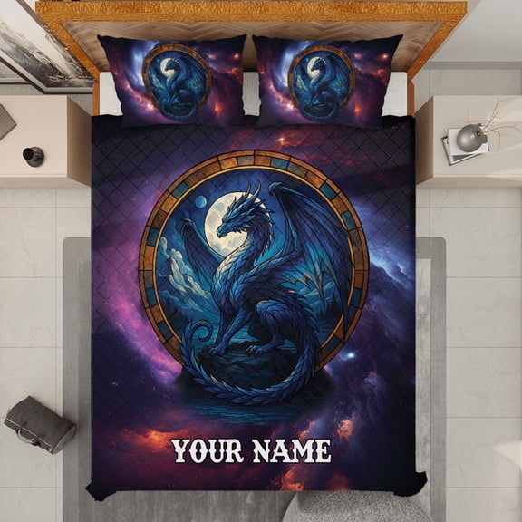 Personalized Dragon Quilt Bedding Set - Fantasy Dragon Lovers Custom Name Quilt Blanket & Pillowcase