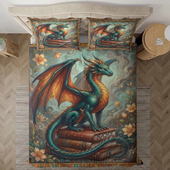 Personalized Dragon With Books And Floral Bedding Set (60x80), dragon gift bedding